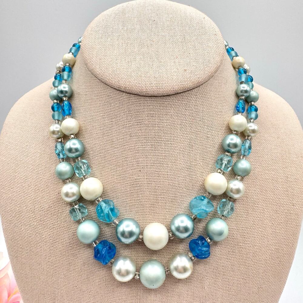 Vintage Japan Double Strand Necklace Blue White Silver Tone Grannycore Signed